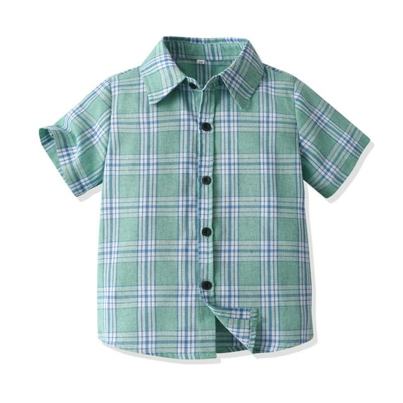 HAOTAGS Boys Shirt Tops, Button Checkered Short Sleeve T-shirt for Kids Green 4-5 T