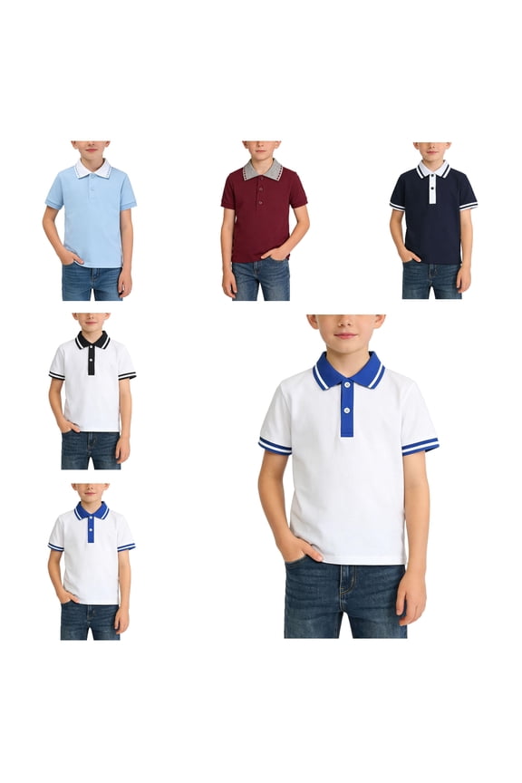 Boys Short Sleeve Polo Shirts,Summer Comfortable School Uniform Pullover Casual Tees Blue 7-8 T