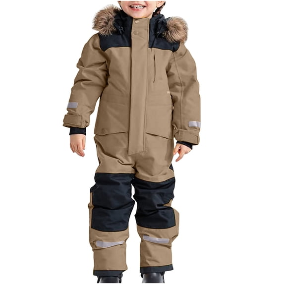 HAOTAGS Boys Snowsuit, Winter Thermal Overall Colorful Ski Jumpsuit Water-Resistant Warm Insulated Beige 12-13Years