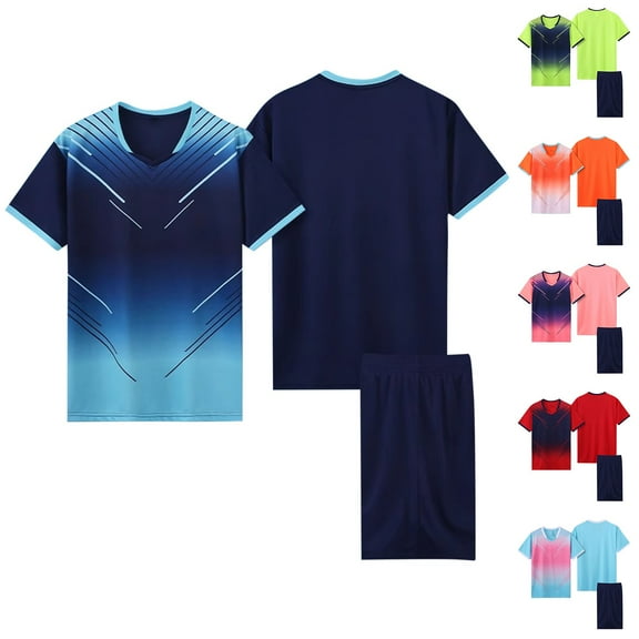 HAOTAGS Boys Soccer Training Uniform for School, Gradient Quick Dry Breathable Tee with Shorts Set Dark Blue