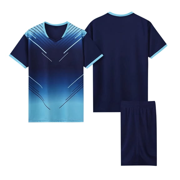 HAOTAGS Boys Soccer Training Uniform for School, Gradient Quick Dry Breathable Tee with Shorts Set Dark Blue
