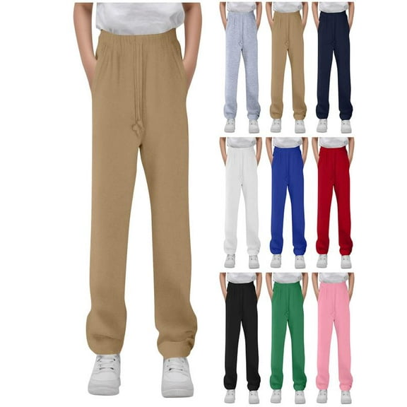 HAOTAGS Boys Straight Leg Pants, Adjustable Drawstring Flat Front Uniform Stretch Pants Khaki 7-8 Years
