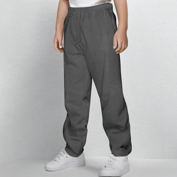 HAOTAGS Boys Straight Leg Pants, Adjustable Flat Front Drawstring Uniform Stretch Pants Gray 7-8 Years