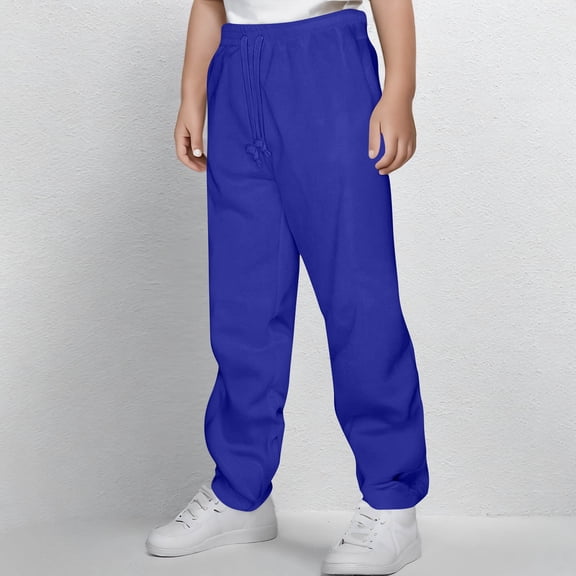 HAOTAGS Boys Straight Leg Pants, Drawstring Adjustable Flat Front Uniform Stretch Pants Blue 7-8 Years