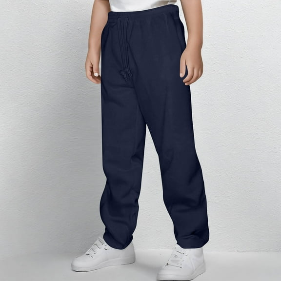 HAOTAGS Boys Straight Leg Pants, Flat Front Drawstring Adjustable Uniform Stretch Pants Navy 12-13 Years