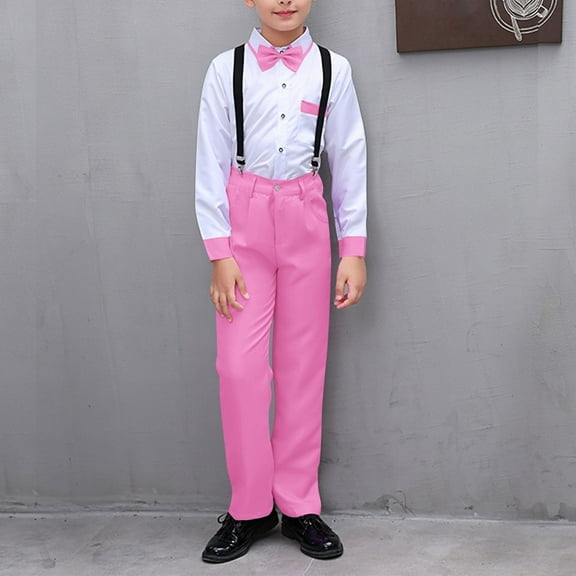 HAOTAGS Boys Suit Outfit Sets, Button - Down Shirt Summer Suspender Trousers Performance Outfits Pink 13-14Years