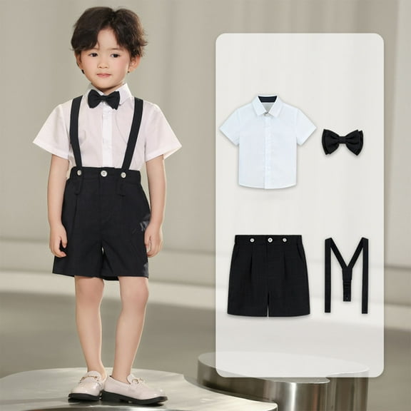 HAOTAGS Boys Suit Outfit Sets, Matching Pants Bow Tie Short Sleeve Blazer Summer 4PC Sets Black 2-3T