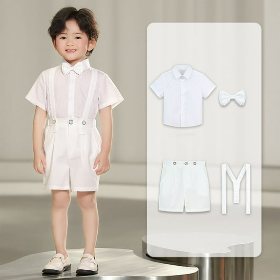 HAOTAGS Boys Suit Outfit Sets, Matching Pants Short Sleeve Blazer Bow Tie Summer 4PC Sets White 4-5T