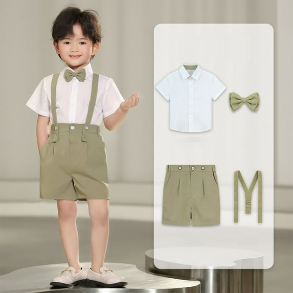 HAOTAGS Boys Suit Outfit Sets, Short Sleeve Blazer Bow Tie Matching Pants Summer 4PC Sets Green 11-12Years