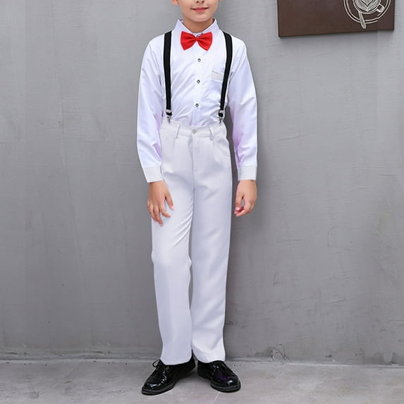 HAOTAGS Boys Suit Outfit Sets, Summer Button - Down Shirt Suspender Trousers Performance Outfits White 15-16 Years