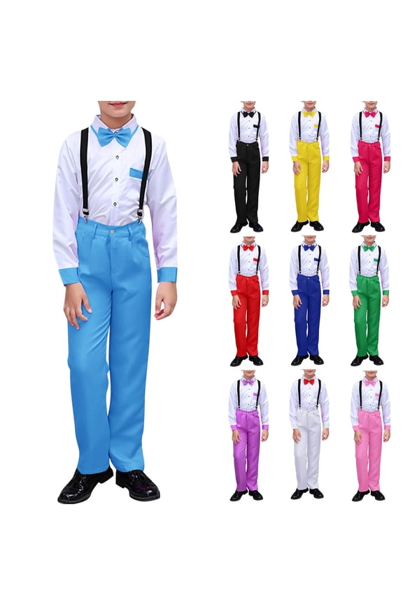 Boys Suit Outfit Sets, Suspender Trousers Button - Down Shirt Summer Performance Outfits Blue 3-4 T