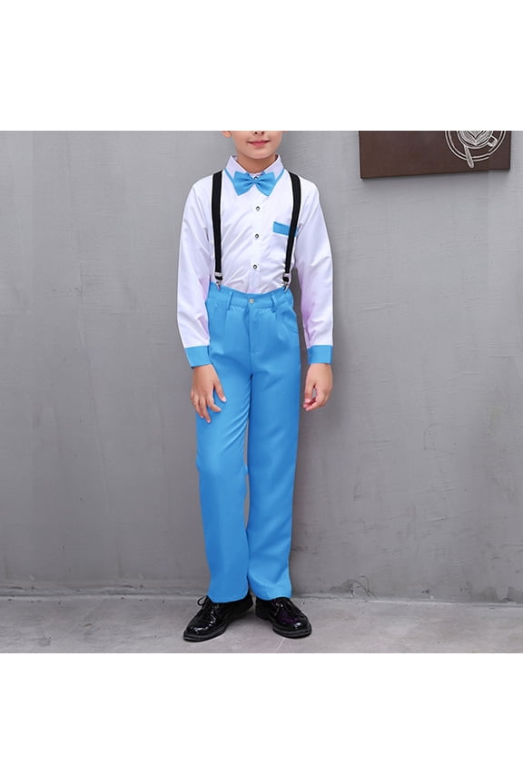Boys Suit Outfit Sets, Suspender Trousers Summer Button - Down Shirt Performance Outfits Sky Blue 5-6T