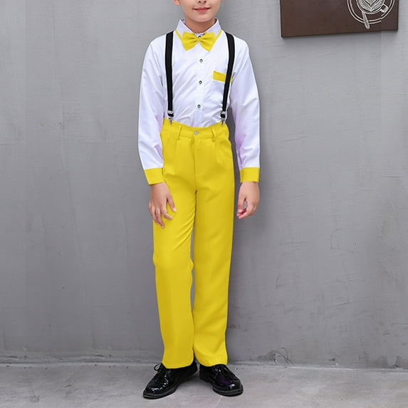 HAOTAGS Boys Suit Outfit Sets, Suspender Trousers Summer Button - Down Shirt Performance Outfits Yellow 9-10 Years