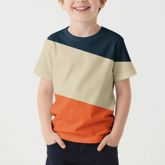 HAOTAGS Boys Summer Blouses, Short-sleeve Round Neck Color-block Print Casual Sportwear Tops Orange 4-5T