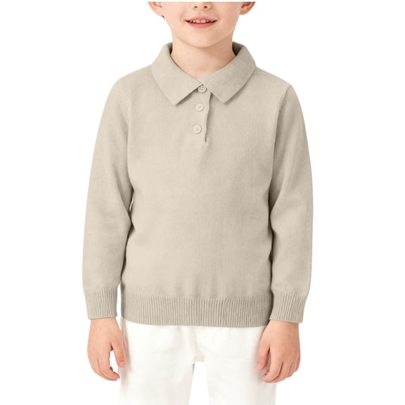 HAOTAGS Boys Sweater, Long Sleeved School Uniform Solid Color Collar Button Shirt Beige 9-10 Years