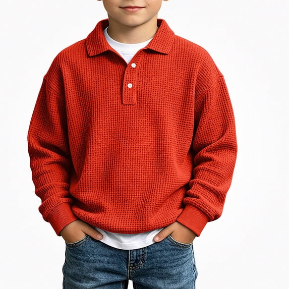 HAOTAGS Boys Sweatshirts (3-14) Warm Waffle Knit Lapel Casual Long Sleeve Pullover Tops Red Size 7