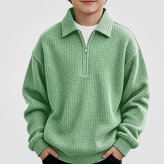 HAOTAGS Boys Sweatshirts Warm Waffle Knit Half Zip Lapel Casual Long Sleeve Pullover Tops Green Size 9