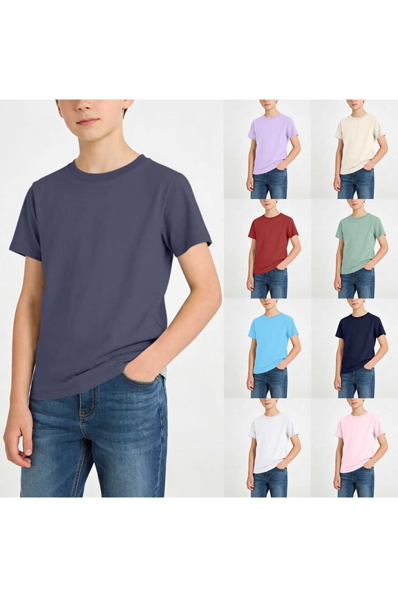 Boys T-Shirts Solid Color Round Neck Short Sleeve School Uniform T-shirts Navy Size 9/10