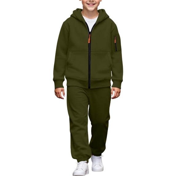 HAOTAGS Boys Tracksuit 2-Piece, Hoodie Zip Up with Jogger Pants Fall Winter Fleece Lined Sweatsuit Set Army Green Size 8