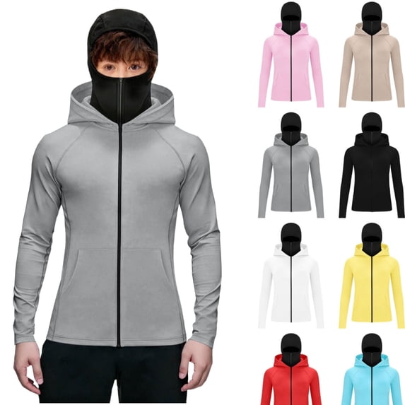 HAOTAGS Boys UPF 50+ Athletic Jackets,Adjustable Dual Hood Straps Long Sleeve Lightweight Sun Protection Jacket Gray 14-15T