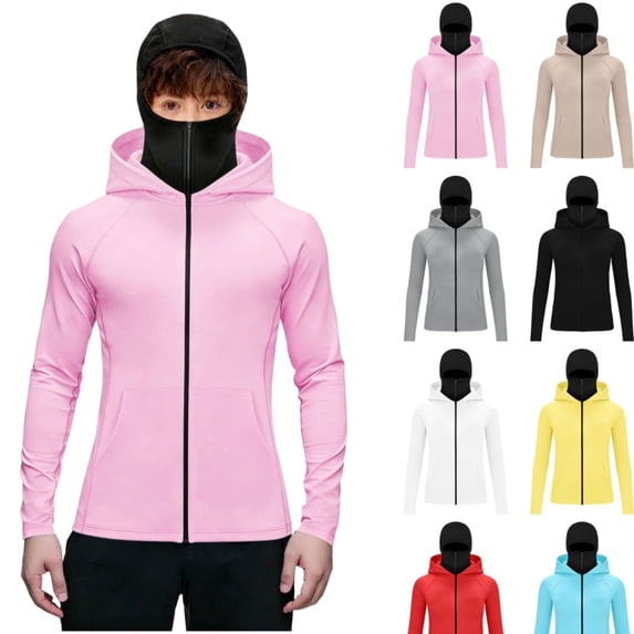 HAOTAGS Boys UPF 50+ Athletic Jackets,Adjustable Dual Hood Straps Long Sleeve Lightweight Sun Protection Jacket Pink 11-12T