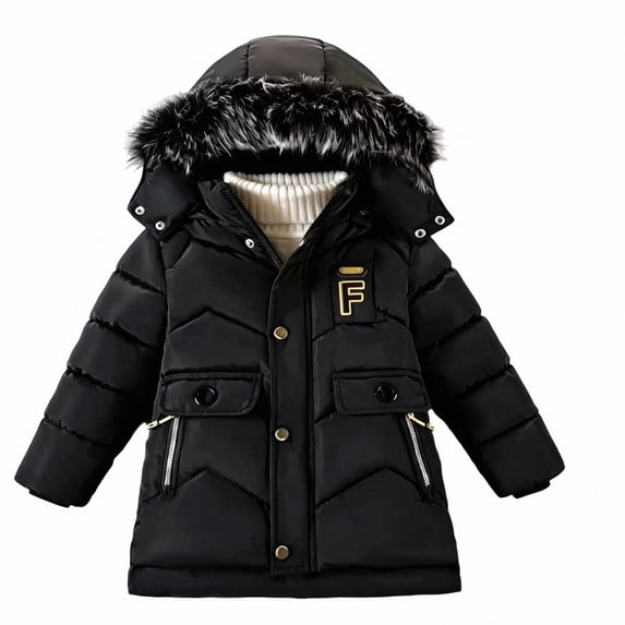 HAOTAGS Boys Winter Hooded Puffer Coat (5-13) Windproof Mid-Length Faux Warm Parka Black Size 5T