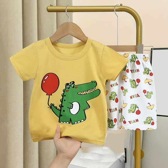 HAOTAGS Boys and Girls Summer Round Neck Cute Pattern Short Sleeve Top with Shorts 2 Piece Outfits Set for Kids Yellow Size 3 T