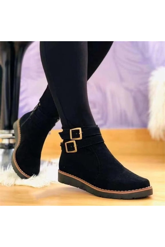 Buckle Strap Ankle Boots for Women Winter Autumn Comfort Booties Black Size 7.5