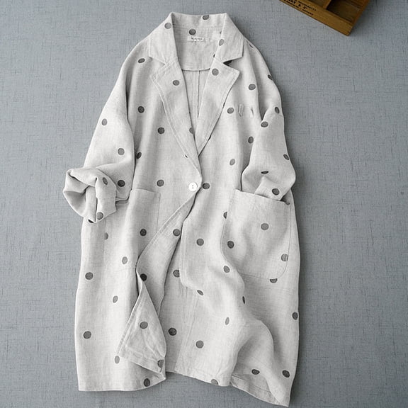 HAOTAGS Button Down Womens Blouses Work Cotton Linen White Shirts Collared Polka Dot Long Sleeve Shirts for Women