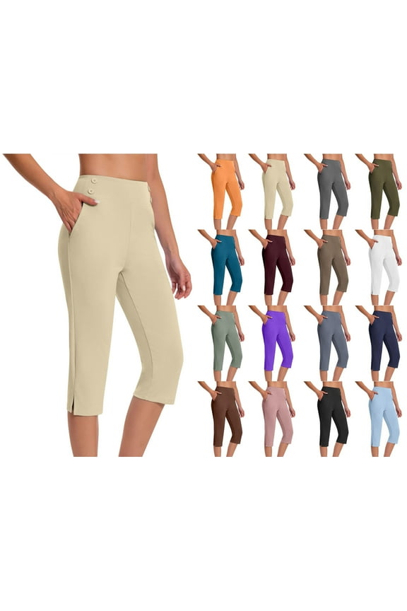 Capri Pants for Women, High Waist Stretch Dressy Capris Pants with Pockets Summer Work Casual Pants Beige XL
