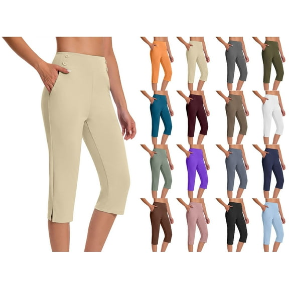 HAOTAGS Capri Pants for Women, High Waist Stretch Dressy Capris Pants with Pockets Summer Work Casual Pants Beige 2XL