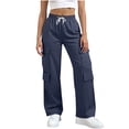 thumbnail image 1 of HAOTAGS Cargo Pants Women, Elastic Button Straight Pocket Work Pants Navy L, 1 of 9