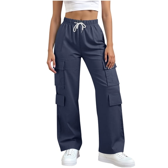HAOTAGS Cargo Pants Women, Elastic Button Straight Pocket Work Pants Navy L