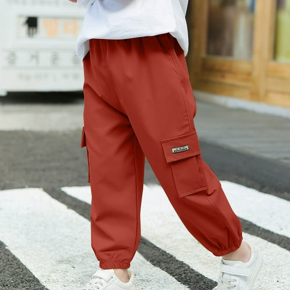 HAOTAGS Cargo Pants for Boys (2-14 Years ),Stretch Elastic Waist Breathable Multiple Pockets Childrens Jogger Pants Red 3-4Years