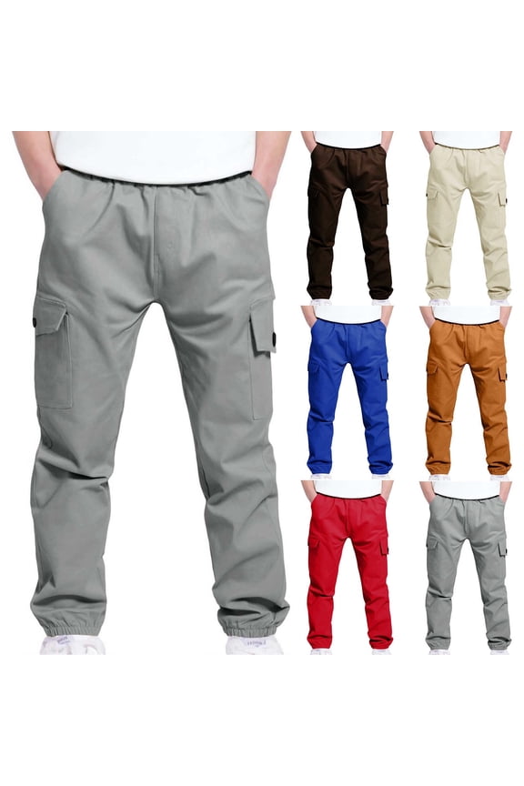 Cargo Pants for Boys(4-13), Elastic Waist Stright Leg Pants with Multi-pockets Casual School Jogger Gray 8 Years
