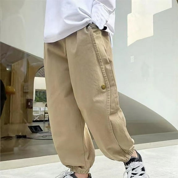 HAOTAGS Cargo Pants for Boys,Solid Color with Multiple Pockets Elastic Waist Work Pants for Teens Khaki 12 Years
