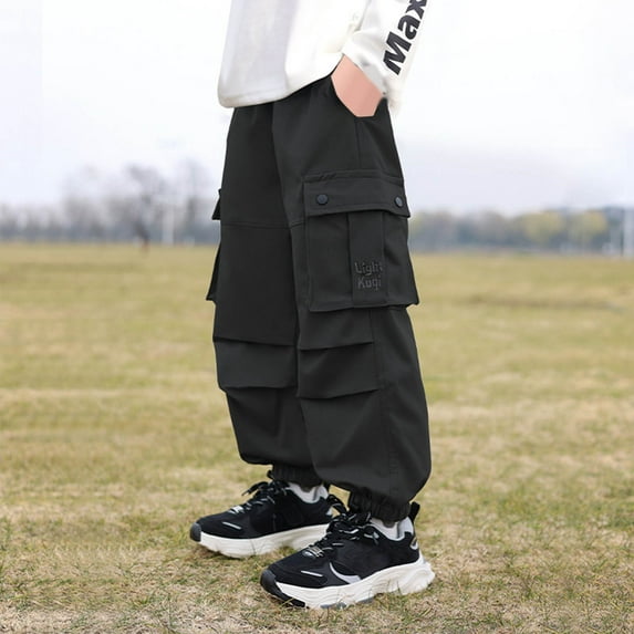 HAOTAGS Cargo Pants for Kids Boys,Breathable Waterproof Casual Lightweight Activities Casual Joggers Pants Black 9-10Years