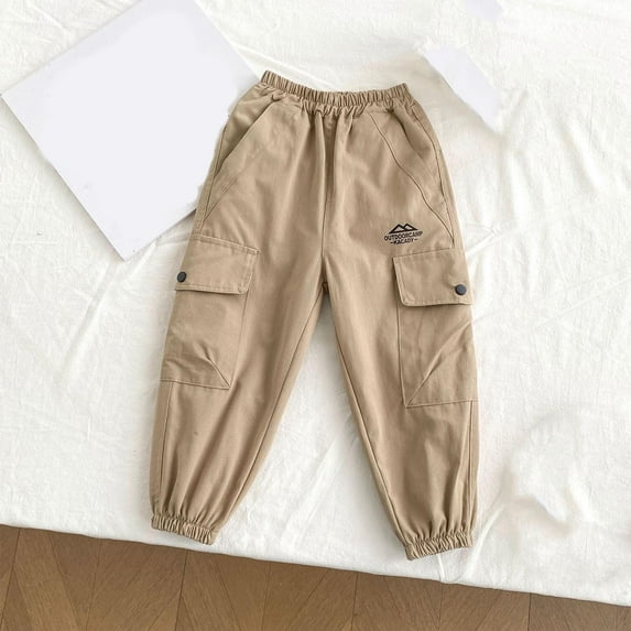 HAOTAGS Cargo Pants for Toddler Boy Multi-pocket Outdoor Joggers Elastic Wasit Sport Cargo Pants Khaki Size 7 Years