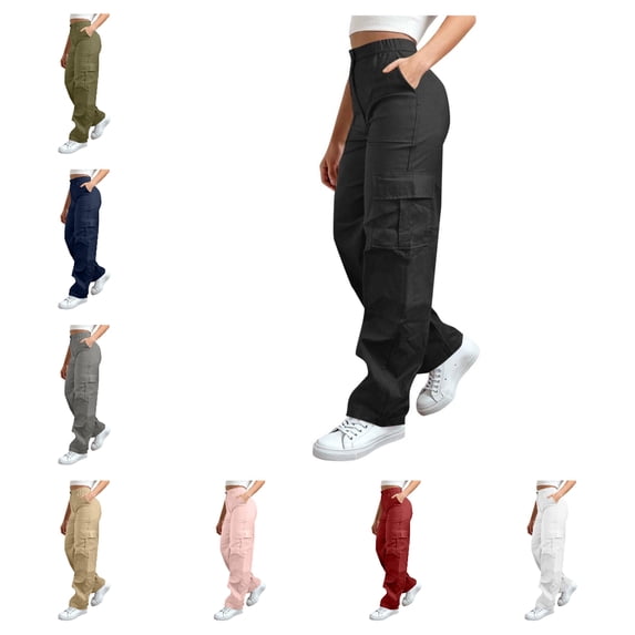 HAOTAGS Cargo Pants for Women,Stretch Waist Button Zip Utility Pockets Outdoor Hiking Pants Black S
