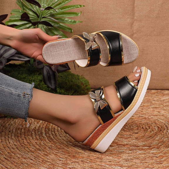 HAOTAGS Casual Summer Wedge Sandals for Women Breathable Dressy Walking Platform Sandals Black Size 8.5