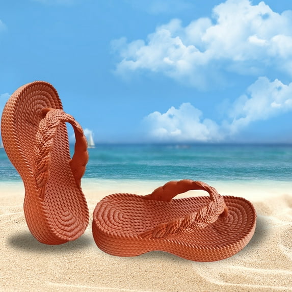 HAOTAGS Casual Summer Wedge Sandals for Women Fashion Solid Flip Flops Brown Size US:6.5