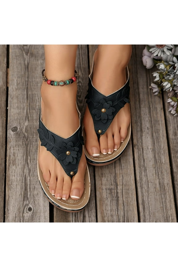 Casual Summer Wedge Sandals for Women Fish Mouth Flower Casual Outdoor Flip-flops Black Size 5.5