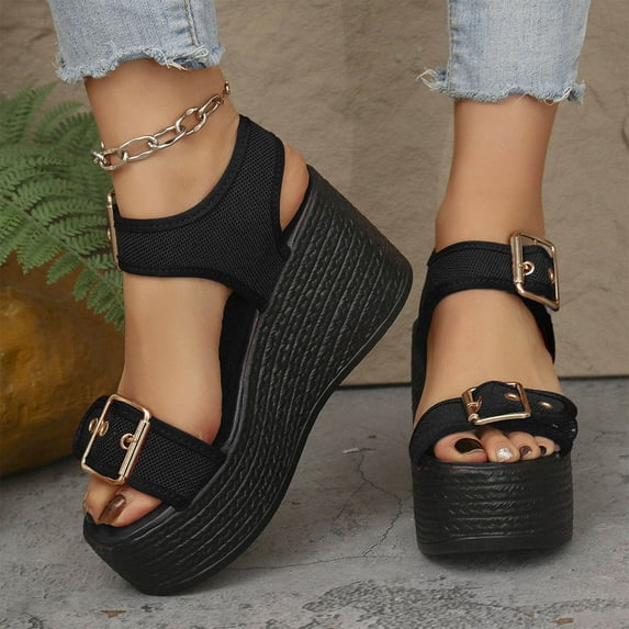 HAOTAGS Casual Summer Wedge Sandals for Women Fish Mouth Walking Platform Shoes Black Size 6