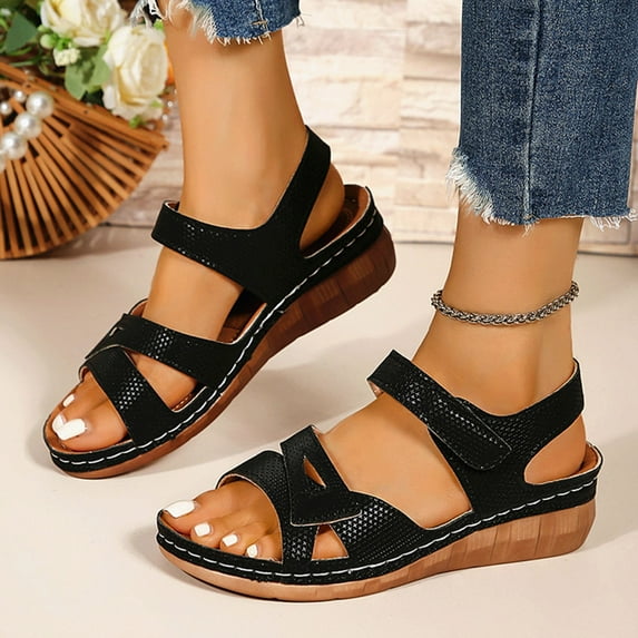 HAOTAGS Casual Summer Wedge Sandals for Women Hollow Dressy Comfortable Slides Sandals Black Size 5.5
