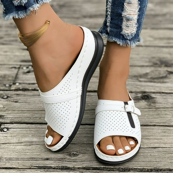 HAOTAGS Casual Summer Wedge Sandals for Women Open Toe Hollow Comfortable Slides Sandals White Size 8.5