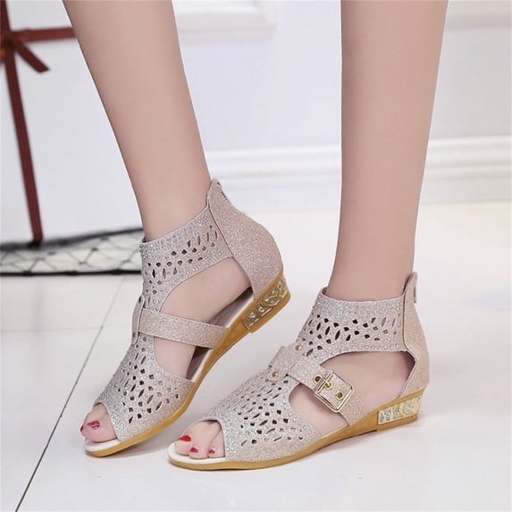 HAOTAGS Casual Walking Sandals for Ladies Roman Fish Mouth Hollow Back Zipper Breathable Open Toe Shoes for Beach Beige Size 8.5