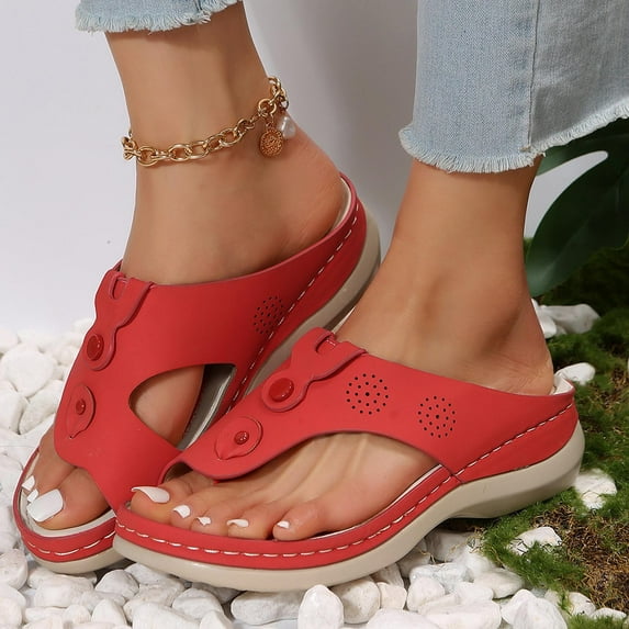 HAOTAGS Casual Walking Sandals for Ladies with Arch Support Slide Sandals Clip Toe Summer Wedge Sandals Red Size 5.5