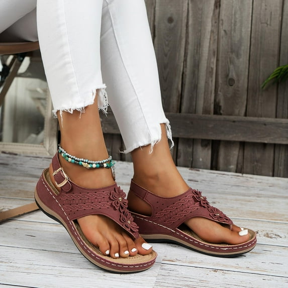 HAOTAGS Casual Walking Sandals for Ladies with Arch Support Slide Sandals Flower Summer Wedge Sandals Wine Size 6.5