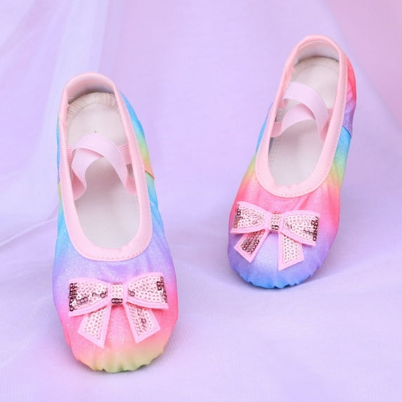HAOTAGS Children's Dance Shoes, Bowknot Prints Soft Sole Training Ballet Dance Shoes Rose Gold 5.5 T
