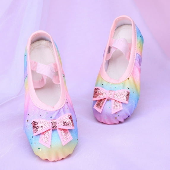 HAOTAGS Children's Dance Shoes, Soft Sole Bowknot Prints Training Ballet Dance Shoes Pink 11 T